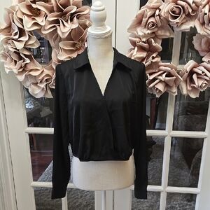 Rachel Zoe Elegant Black Criss Cross Long Sleeve Vneck Top Stretch Hem Large NEW